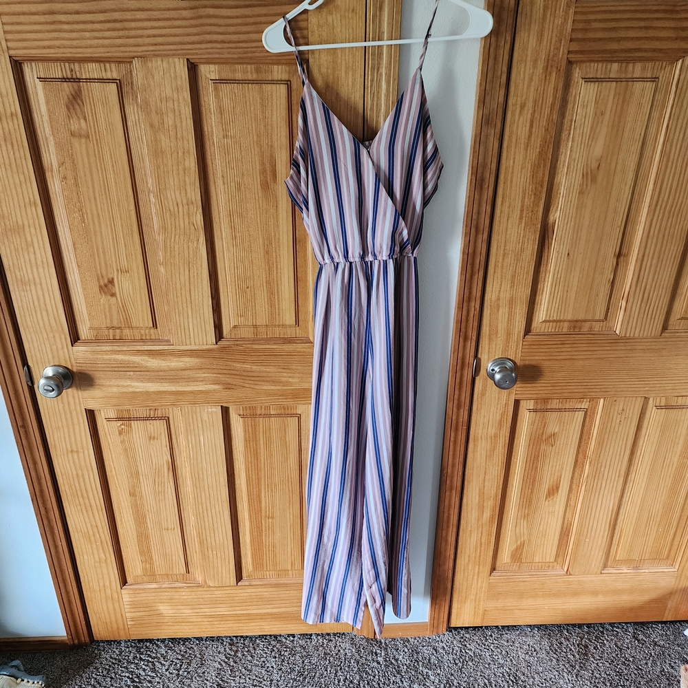 J for Justify Striped Ankle-Length Jumpsuit in Blue, Pink, Cream